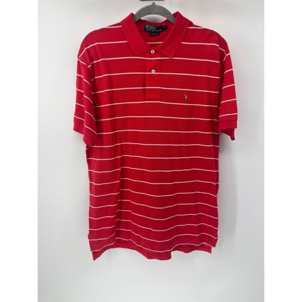 Polo Ralph Lauren Mens Large Red White Striped Pima Cotton Short‎ Sleeve Polo
